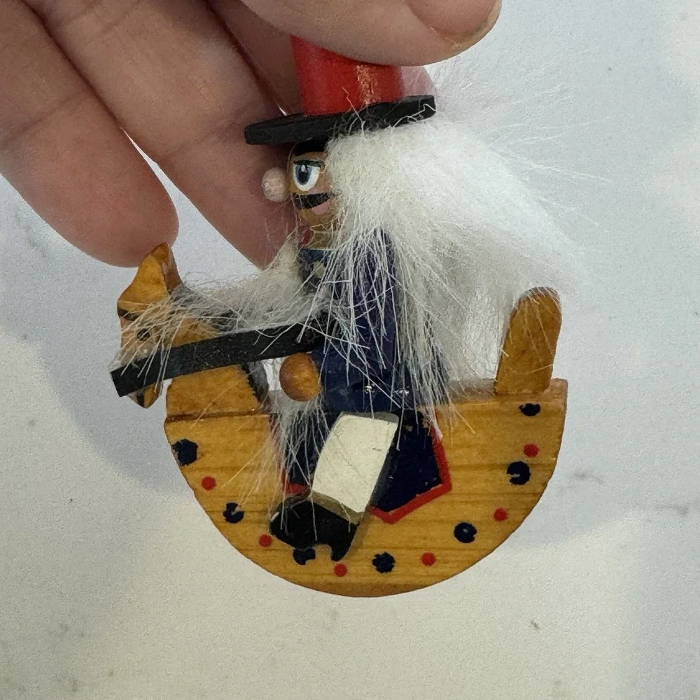 Vintage Nutcracker Christmas Ornament Riding on Rocking Horse Wooden Kitsch